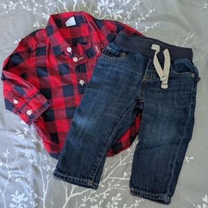 Baby Gap EUC Little Boy Outfit Plaid Shirt & Jeans 12-18M *D15